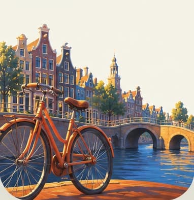 Retro illustration of Amsterdam canal houses and an orange bicycle